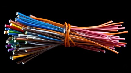 Poster - A bunch of colorful fiber optic cables tied with orange wire on black. Use it to illustrate technology, data transmission or network infrastructure.