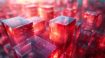 An intricate array of transparent red cubes glimmers amidst an ethereal backdrop, creating an abstract and modern composition that engages the viewer's sense of wonder and imagination.