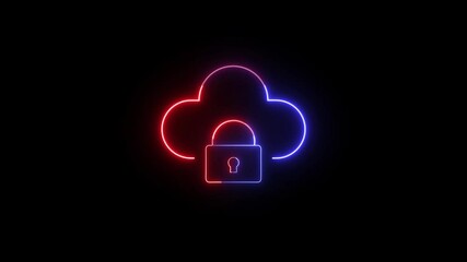 Poster - Animated neon cloud with a padlock indicating data security on a black background. Locked cloud symbolizes data protection and privacy. Cloud lock icon indicates secure online access.