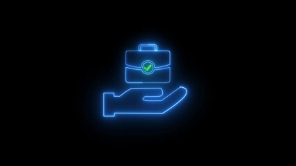 Poster - Animated neon hand holding a briefcase with a green checkmark on a black background