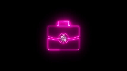 Poster - Briefcase with cogwheel symbol representing business settings, management, and operations. Animated pink neon briefcase with cogwheel symbol on black background symbolizing business and settings
