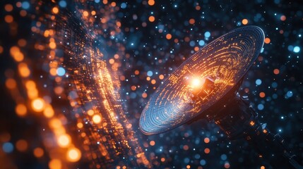 Fototapete - Abstract satellite dish with glowing orange lights in a dark, bokeh filled background. It's perfect for illustrating futuristic technology, communication, and space exploration.
