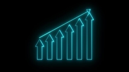 Poster - Animated glowing neon arrow chart illustrating growth and progress on a dark background. Arrow chart represents success and development.