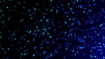 Fototapete - Dynamic abstract background with shifting blue square particles on a black backdrop suitable for technology presentations