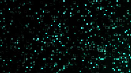 Fototapete - Abstract animated background featuring glowing teal squares in a digital data stream flowing in cyberspace.