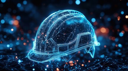 Poster - Digital hard hat with glowing lines over connected dots background. Can be used for construction or engineering technology concept.