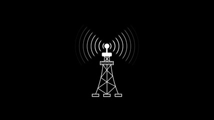 Fototapete - Animated icon of communication tower emitting wireless signals on a dark background. Tower with radio waves emitting signal pulses.
