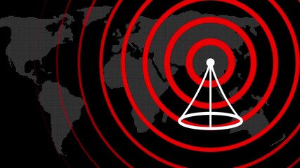 Poster - Global communication network with red concentric circles and world map illustration.Signal waves visualize data transmission and connectivity.