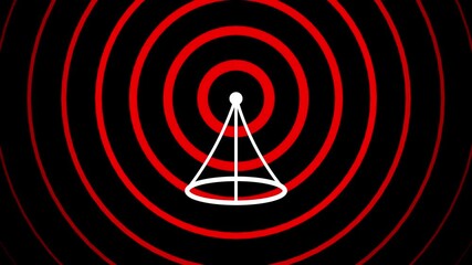 Fototapete - Abstract graphic animation of concentric circles and geometric cone in red and white. Signal waves visualize data transmission and connectivity. Tower with radio waves emitting signal pulses.