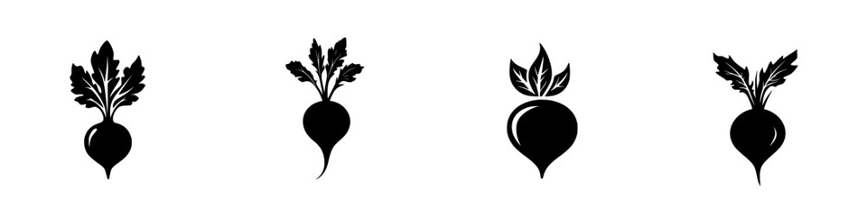 Poster - Collection of black silhouette icons featuring various styles of radishes and their leafy tops