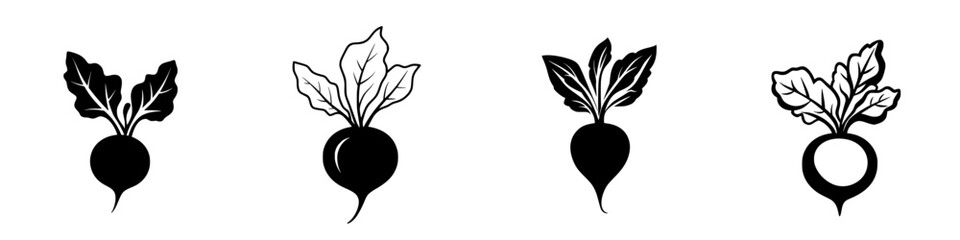 Poster - Icon set featuring various styles of radishes with leaves designed in a minimalist black and white format