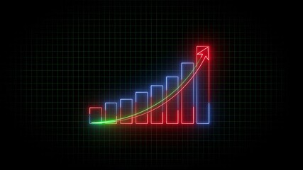 Poster - Animated glowing neon bar graph with upward arrow visualizing financial growth progress on dark grid. Business financial chart illustrating market trends and data analysis.