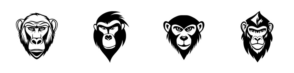 Poster - Black icon set featuring various monkey faces designed in a minimalistic style