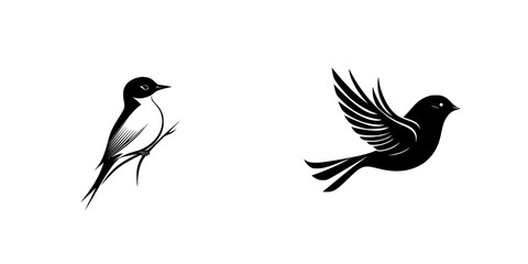 Poster - Set of black icons depicting two birds in different poses on a plain background for design and artistic uses