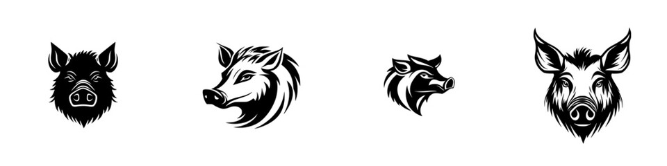 Poster - Set of black icons depicting various stylized pig and boar heads designed for graphic use