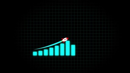 Poster - Financial graph chart displaying economic trends and data. Animated rocket flying over glowing neon bar graph representing growth and progress
