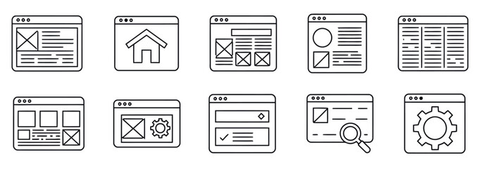 Poster - Minimalistic icons depicting webpage templates, browser layouts, gear settings, and search windows. Represents the structural and visual aspects of designing websites. Concept: user interface design a