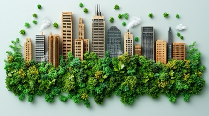 Urban Skyline Surrounded by Lush Greenery on Soft Gray Background