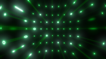 Poster - A green digital tunnel of glowing particles and energy rings radiates forward with luminous beams in a grid structure