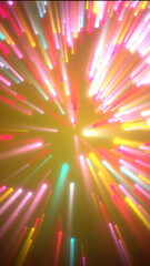 Poster - Radiant explosion of colorful neon light streaks in all directions, vibrant pink, yellow, and blue hues against soft golden background
