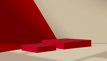 Poster - Product backgrounds,Red and Brown wall interior room shadow, light on 3d Podium display for Chinese New Year,Christmas banner,Studio background with blurry  light effect on stand stage for Valentine