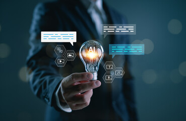 Aufkleber - AI creative innovation concept with businessman holding light bulb, showing artificial intelligence powering text, image, video and audio generation in modern digital content.