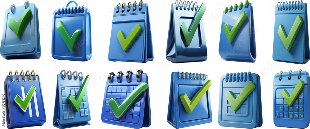 Set of Blue Calendar with Check Mark 3D Render Icon, Task Completed ...