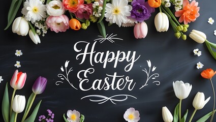  High-resolution still life composition featuring a dark blackboard texture background with a handwritten-style 'Happy Easter' holiday script in white chalk or elegant calligraphy