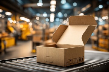 Poster - An open cardboard box on a conveyor belt in a warehouse, ready for packing products, and shipping for efficient supply chain and logistics management.