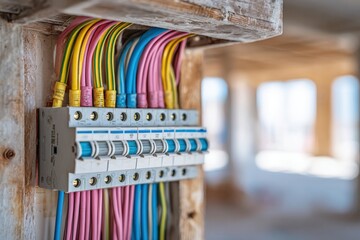 Poster - A detailed close-up shot of electrical distribution board with circuit breakers and colorful wiring in a building under construction, showing the electrical system.