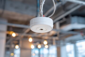 Poster - A close-up shot of a white ceiling-mounted security camera, focusing on its lens, with blurred background office lights and exposed ceiling design providing context.