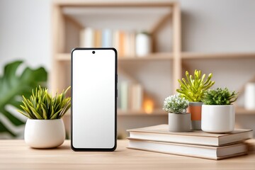 Aufkleber - A modern smartphone mockup with a blank white screen on a wooden desk, surrounded by potted plants and books in a bright and cozy interior, perfect for digital displays.