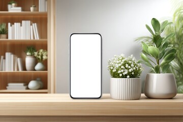 Aufkleber - A sleek smartphone with a blank screen positioned on a wooden table, showcased next to two potted plants and a bookshelf filled with books in a bright room.