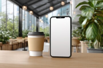 Aufkleber - A modern coffee shop scene featuring a smartphone with a blank screen next to a coffee cup, creating a cozy and inviting atmosphere for digital promotion.