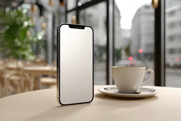 Aufkleber - A modern smartphone with a blank screen on a table next to a cup of coffee, with a blurred city view in the background, inside a cozy cafe or workspace setting.