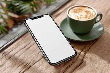 Aufkleber - A modern smartphone with a blank screen, sitting on a wooden table next to a warm coffee, perfect for showcasing app designs, mobile websites, or digital content.