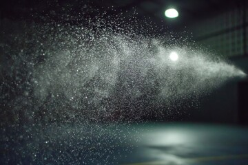 Poster - Mysterious scene of water droplets spraying in a dark room with glowing spotlights, creates an ethereal atmosphere and blurred abstract patterns in the background.