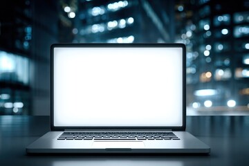 Poster - a sleek laptop with a blank white screen sits against a blurred cityscape backdrop, showcasing moder