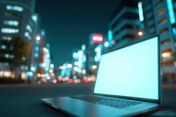 Poster - a sleek laptop with a blank screen sits outdoors at night in an urban environment, illuminated by ci