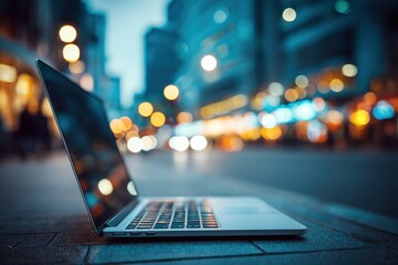 Aufkleber - laptop on a city street with blurred lights creates a dynamic and modern scene, ideal for showcasing