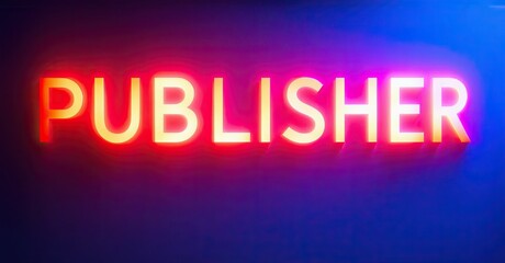 Aufkleber - Bright neon sign displays PUBLISHER text. Vivid blue, purple hues create dramatic lighting. Simple, bold presentation.