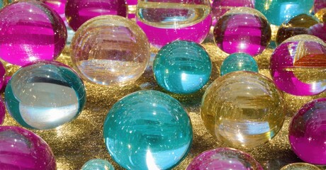 Poster - Colorful glass spheres rest upon glittery gold surface. Reflections create vibrant, playful visual texture.
