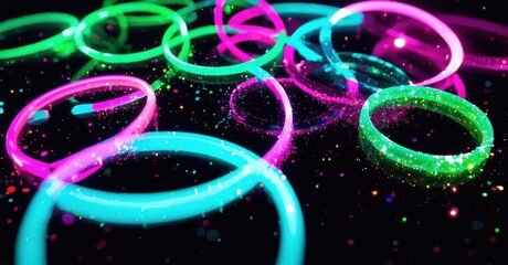 Leinwandbilder - Bright neon rings float, sparkle against dark background. Vivid colors create dynamic, futuristic visual effect.
