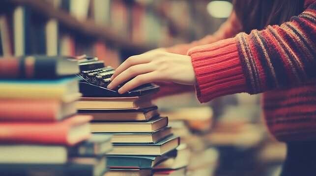Typing on a Vintage Typewriter Placed Atop a Stack of Books in a Library