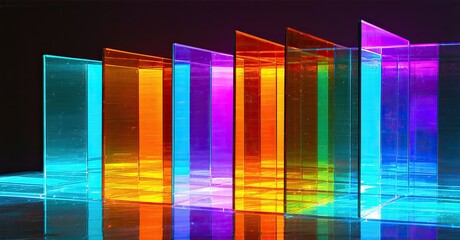 Poster - Vibrant translucent columns illuminate dark space. Reflections create colorful patterns, suggesting modern art installation.