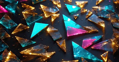 Poster - Fractured glass pieces scatter across dark surface. Vibrant colorsblue, pink, goldcreate abstract pattern. Light reflects, adding sparkle.