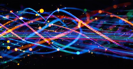 Aufkleber - Abstract vibrant light streaks, curves, dots against black background. Energetic, dynamic visual composition.