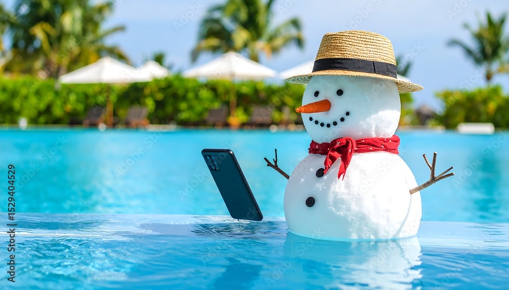 Snowman poolside with phone with tropics. Stock Photo | Adobe Stock