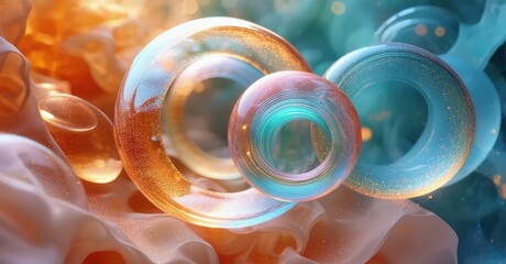 Poster - Abstract fluid shapes, vibrant colors blend. Rings intertwine, creating dynamic composition. Light sparkles, soft textures visible.