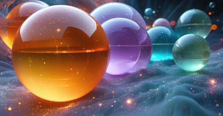 Poster - Colorful spheres rest upon textured surface. Light reflects, creating vibrant, dreamy scene. Abstract composition evokes wonder.